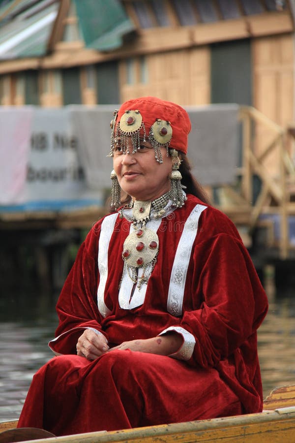 beautiful smiling woman kashmir india sitting small boat wearing traditional attire dal lake srinagar kashmiri red 247449824